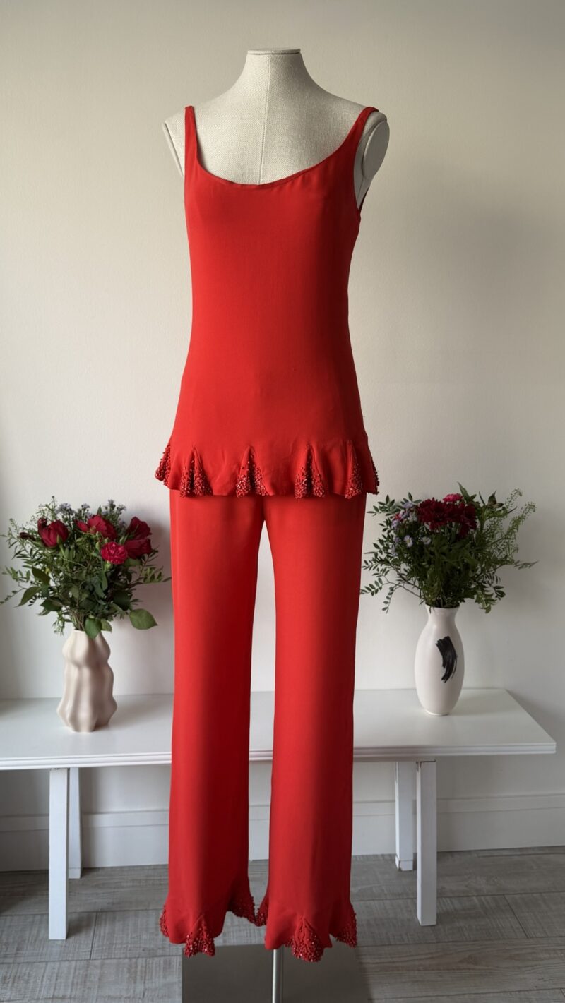 Valentino SS 2000 embellished red silk pants set