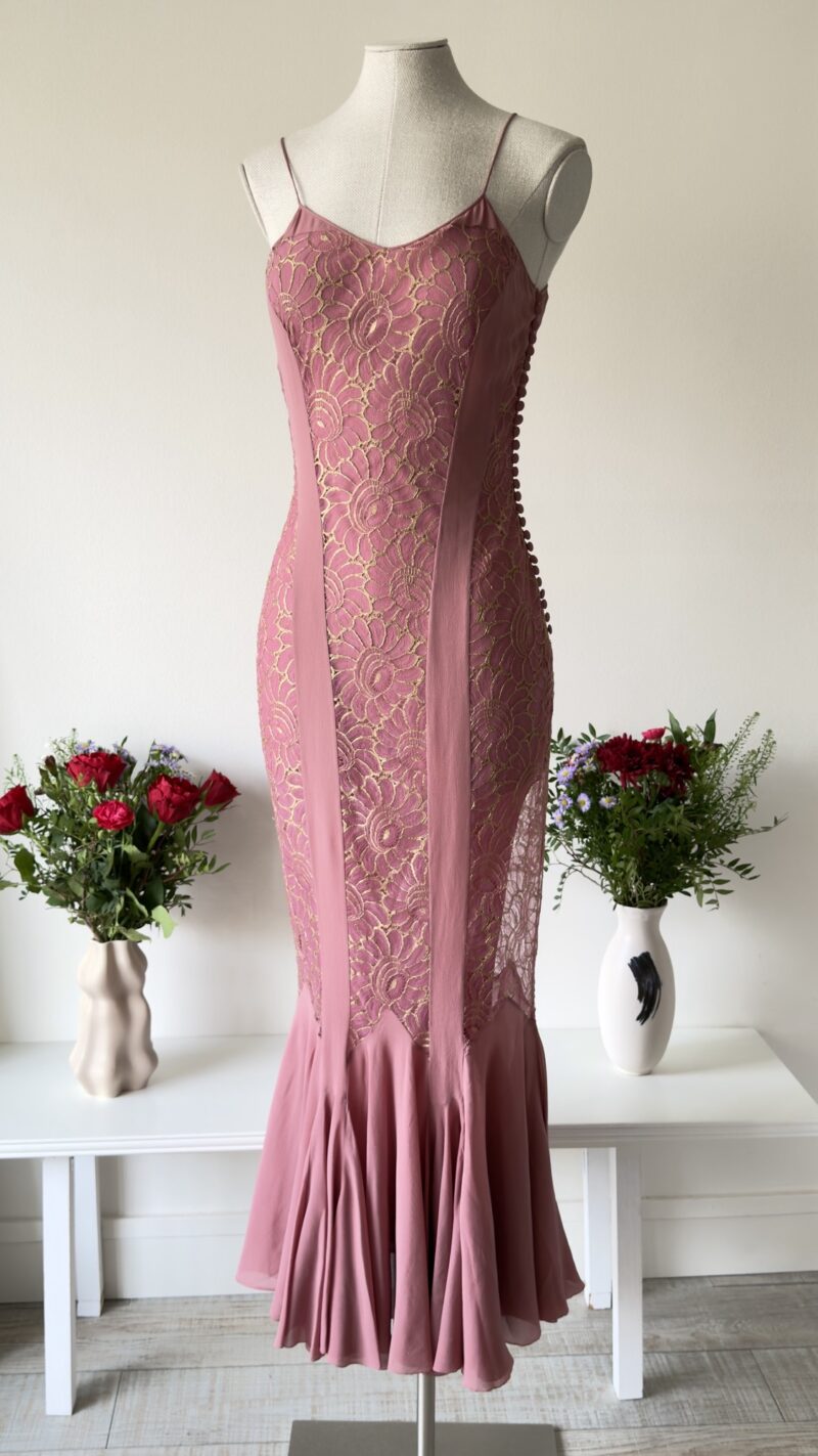 Christian Dior c. SS 1998 dusty rose pink and golden maxi evening gown