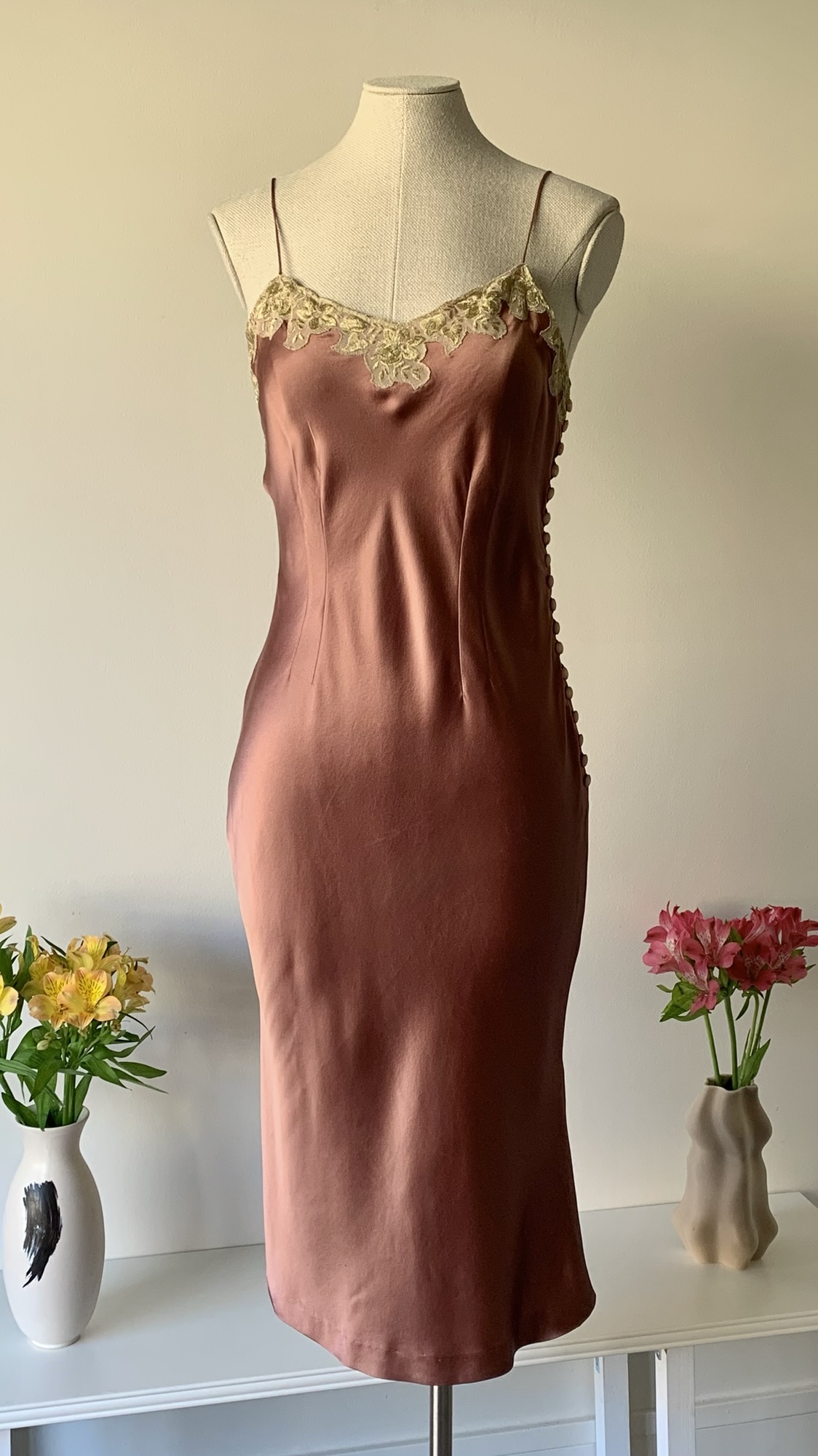 Chloé SS 1999 copper-rose pink dress with golden embroideries