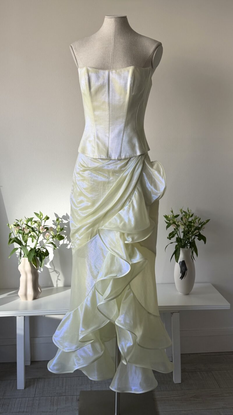 Thierry Mugler SS 1999 iridescent corset and draped skirt ensemble