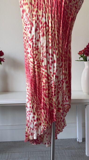 Roberto Cavalli Spring Summer SS 2000 runway vintage dress leopard print orange pink and white color on mannequin asymmetric cut maxi length