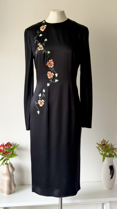 Chloé by Stella McCartney black silk long sleeve dress with floral embroidery front view