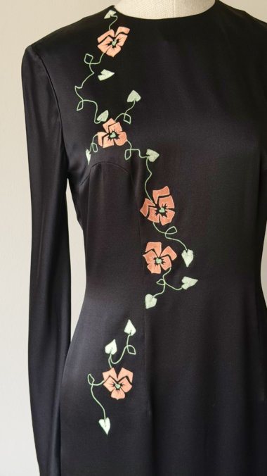 Front detail of Chloé black silk dress with floral embroidery