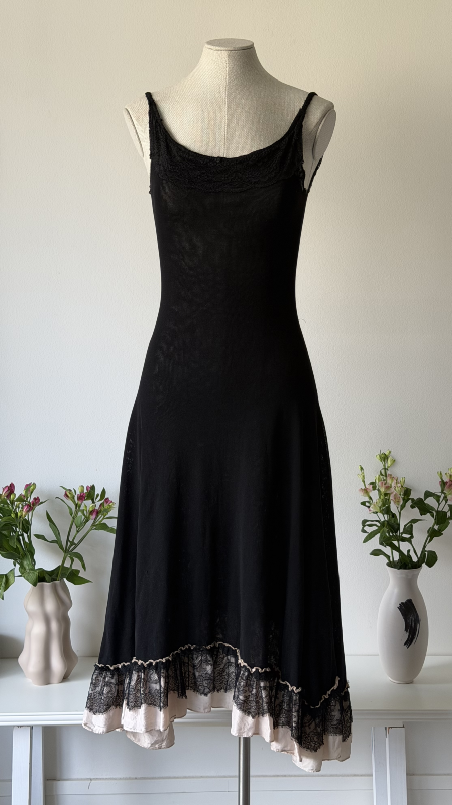 Blumarine SS 2004 black dress with pink silk hem