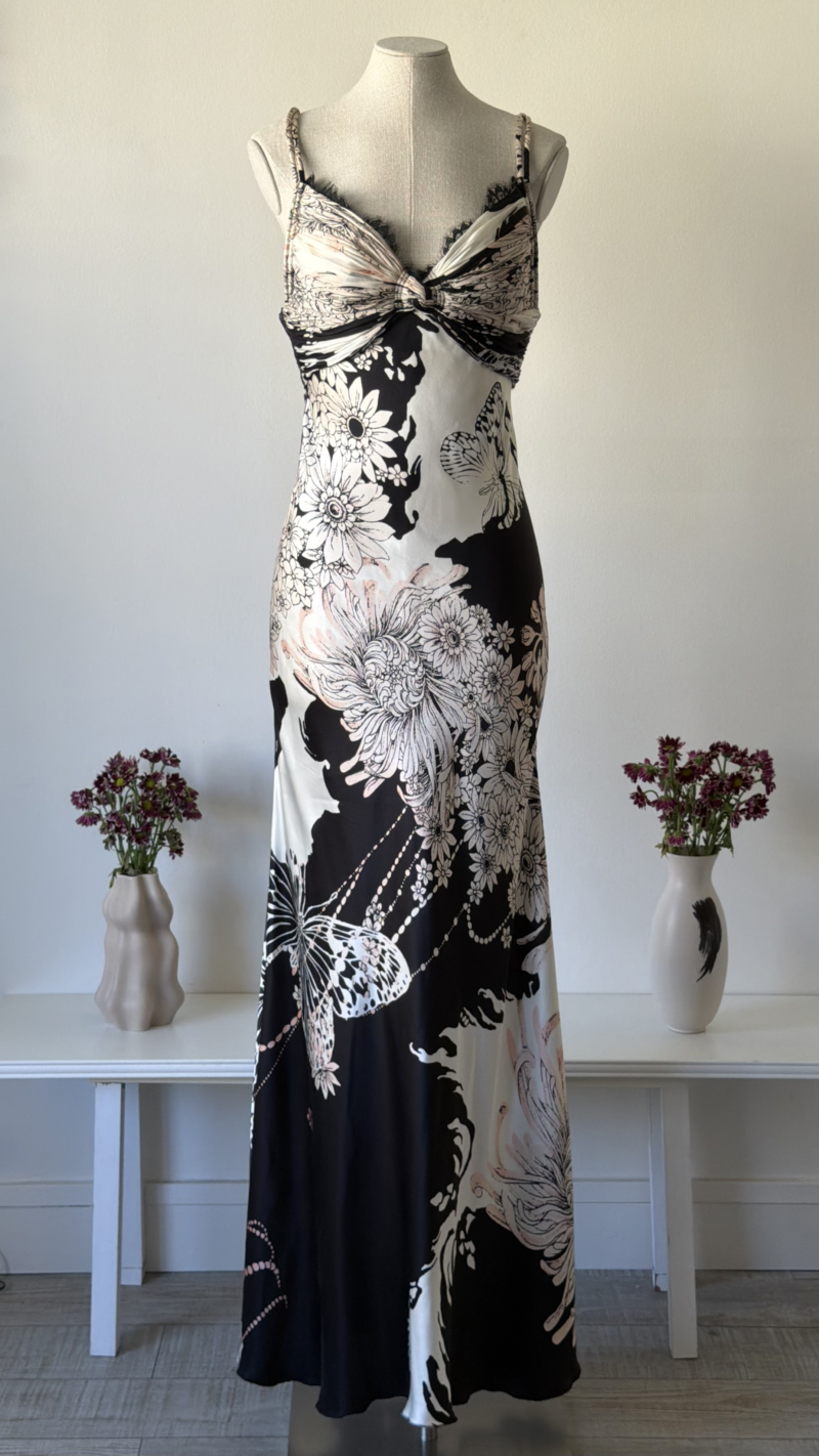 Roberto Cavalli SS 2006 flower and butterfly print silk lace gown