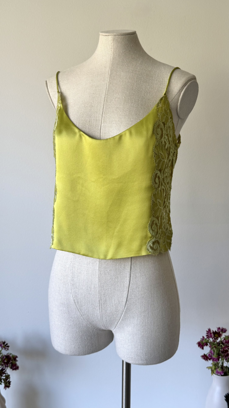 Valentino SS 2000 green silk lace appliqués top