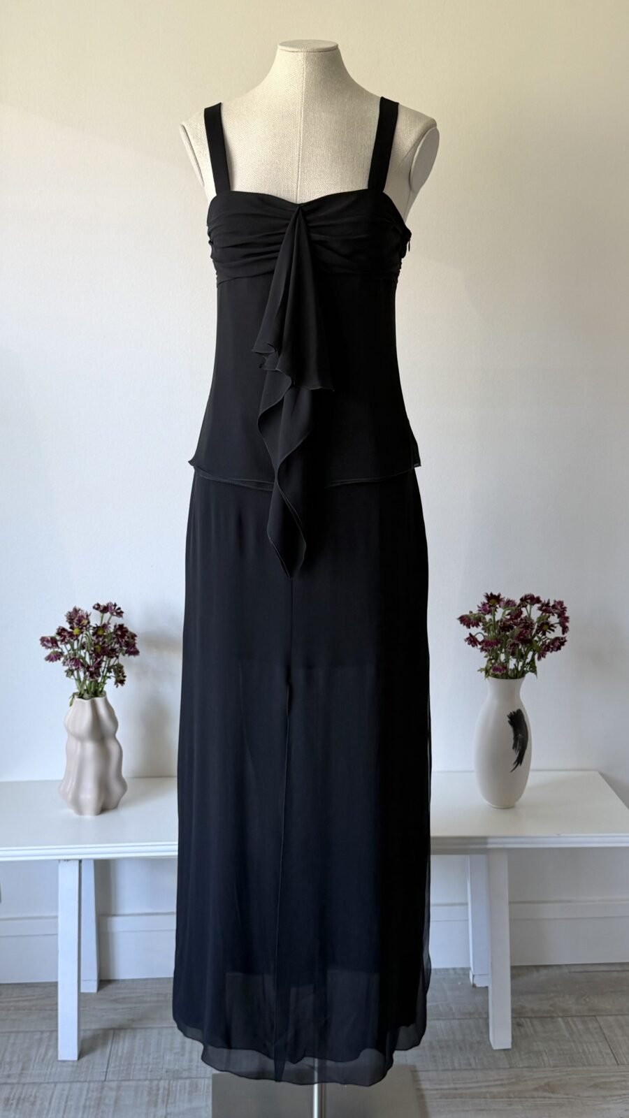 Valentino SS 2003 black silk ruffle top and maxi skirt set