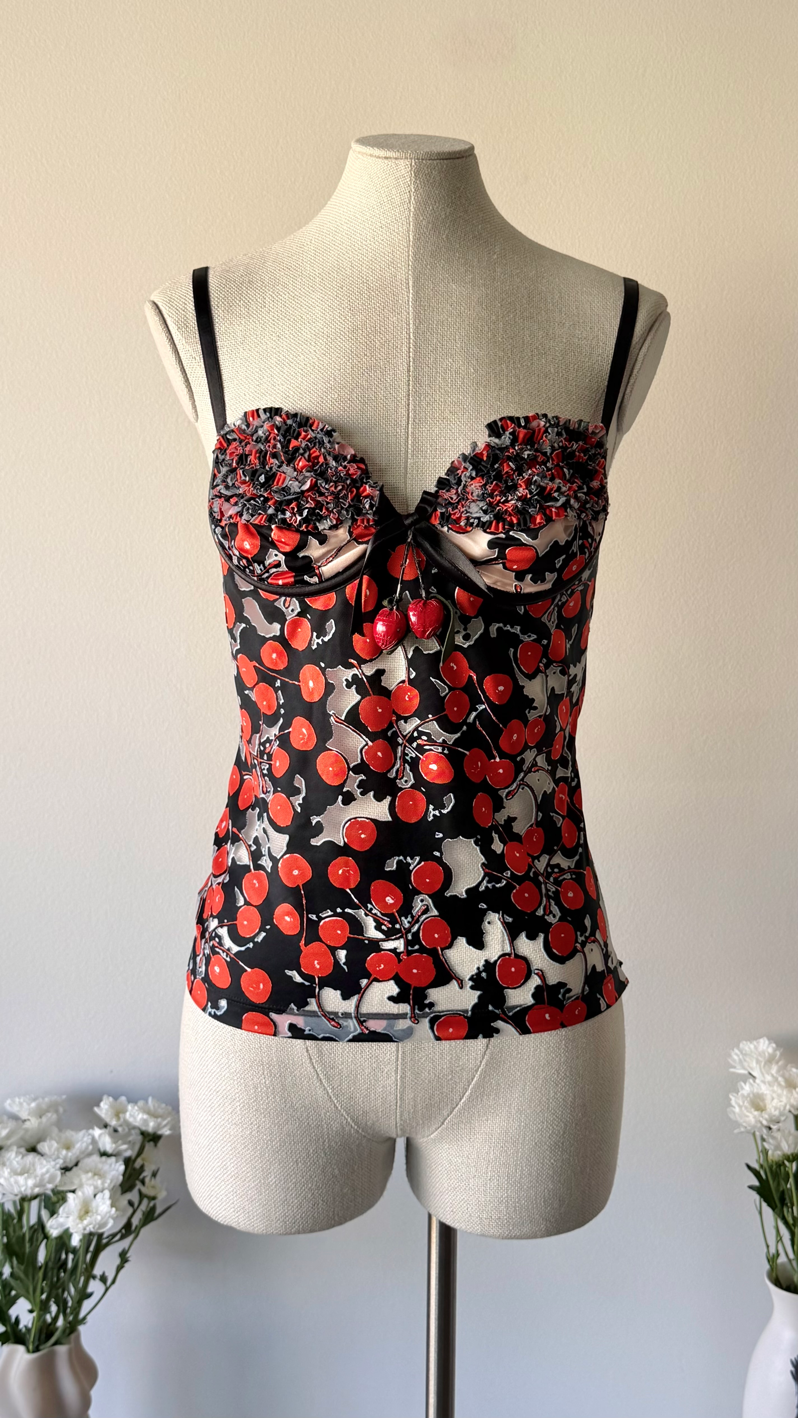 Alexander McQueen SS 2003 "Irere" cherry print corset top